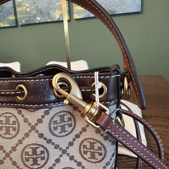 NWT! NEW Tory Burch T Monogram Jacquard Mini Bucket Bag -Tan -leather trim - Picture 9 of 14